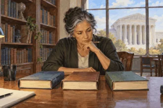 Painted researcher considering three law books with the Supreme Court building outside the window.