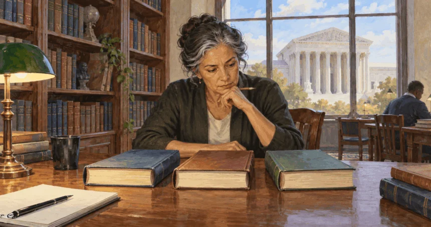 Painted researcher considering three law books with the Supreme Court building outside the window.