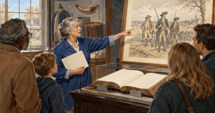 Painted illustration of museum conservator discussing a militia illustration and historical volume.