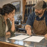 Painted illustration of a resident asking a firearms-store clerk about state rules.