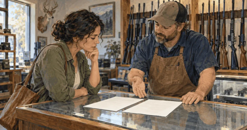 Painted illustration of a resident asking a firearms-store clerk about state rules.