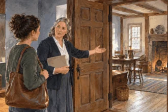 Conceptual painting of a museum visitor examining a reconstructed colonial home doorway.