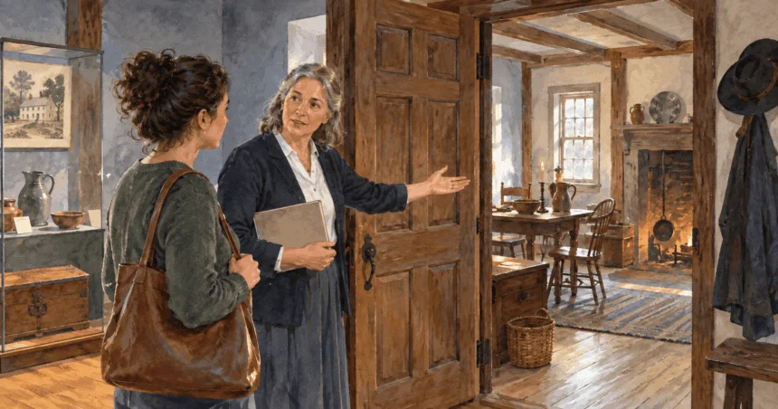 Conceptual painting of a museum visitor examining a reconstructed colonial home doorway.