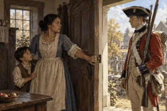 Historical conceptual painting of a householder speaking with a soldier at a doorway.
