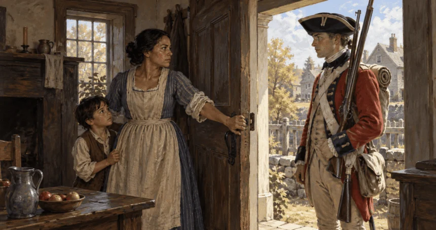 Historical conceptual painting of a householder speaking with a soldier at a doorway.
