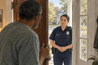 Painted illustration of from inside a home, a resident speaks through a partly opened front door to an officer standing calmly outside on the porch.