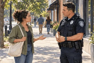 A person speaks calmly with a police officer on a public sidewalk.