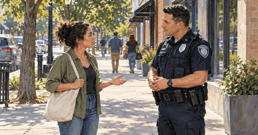 A person speaks calmly with a police officer on a public sidewalk.