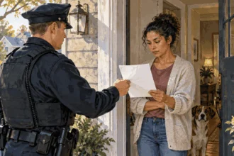 Painted illustration of a resident examining a paper presented by a police officer at her doorway.