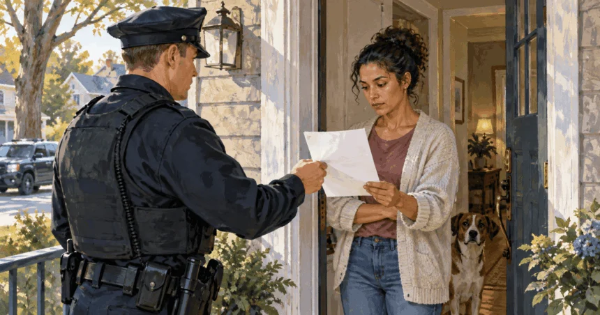 Painted illustration of a resident examining a paper presented by a police officer at her doorway.