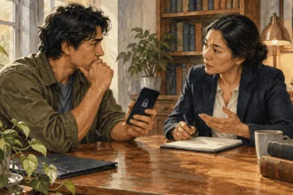 Conceptual painting of a person discussing smartphone privacy with an attorney.