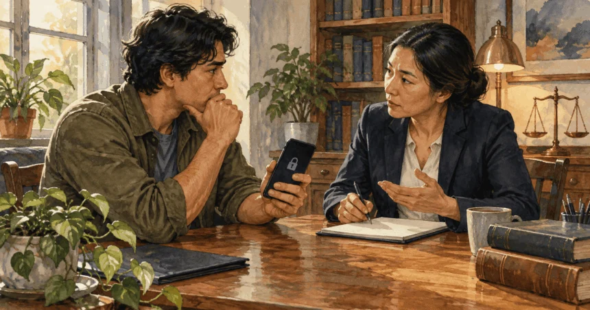 Conceptual painting of a person discussing smartphone privacy with an attorney.