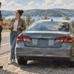 Conceptual painting of a driver and police officer talking beside a parked car with a closed trunk.