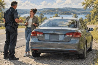 Conceptual painting of a driver and police officer talking beside a parked car with a closed trunk.