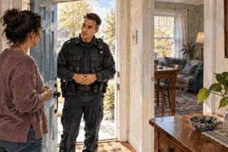 Painted illustration of an officer speaking with a resident at a doorway while a table is visible inside.