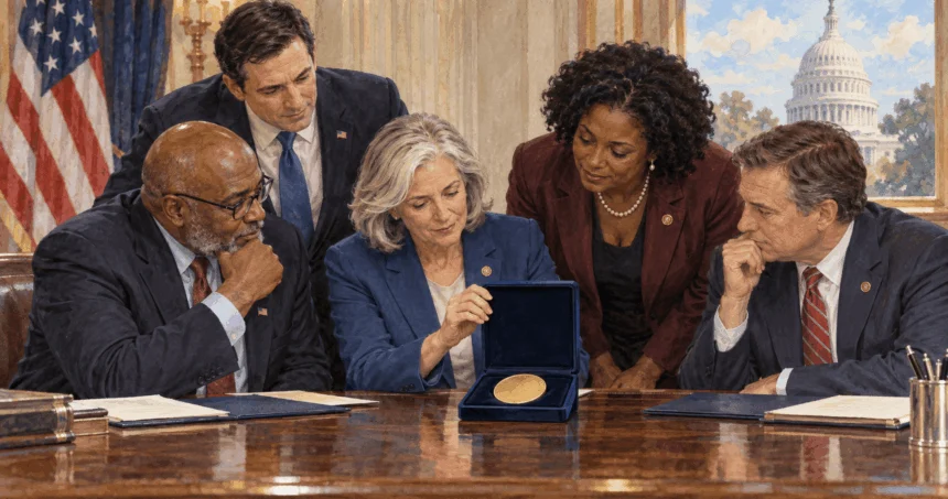 Lawmakers inspect a plain gold medal in a presentation case.