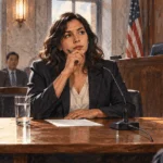 Conceptual painting of a witness pausing at a public hearing table.
