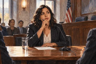 Conceptual painting of a witness pausing at a public hearing table.