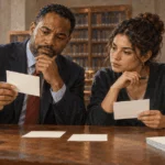Conceptual painting of a lawyer and student comparing blank legal cards.