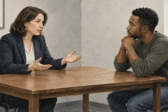 Painted scene of an attorney advising a client about silence before questioning.