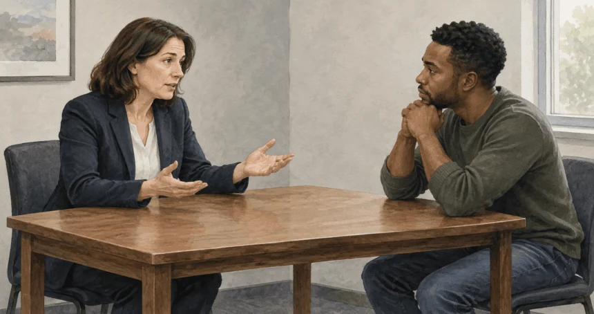 Painted scene of an attorney advising a client about silence before questioning.