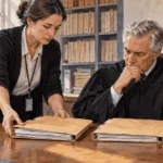 Conceptual painting of a courthouse clerk placing two case folders before a judge.