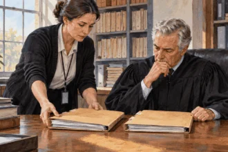 Conceptual painting of a courthouse clerk placing two case folders before a judge.