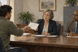 Painted illustration of a person presenting a paper at an administrative hearing table.