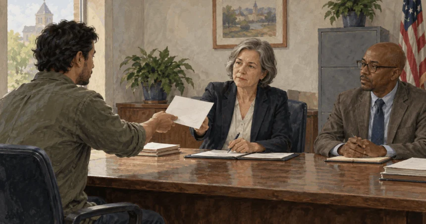 Painted illustration of a person presenting a paper at an administrative hearing table.