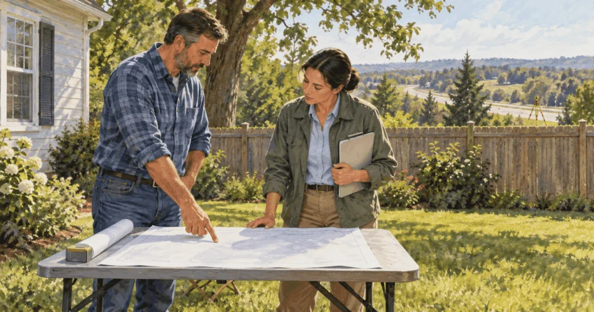 Painted illustration of a homeowner and planner discussing a blank site plan at a property.