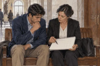 Painted illustration of an attorney and client consulting a calendar in a courthouse hallway.