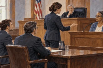 Conceptual painting of defense counsel questioning a witness in a criminal courtroom.