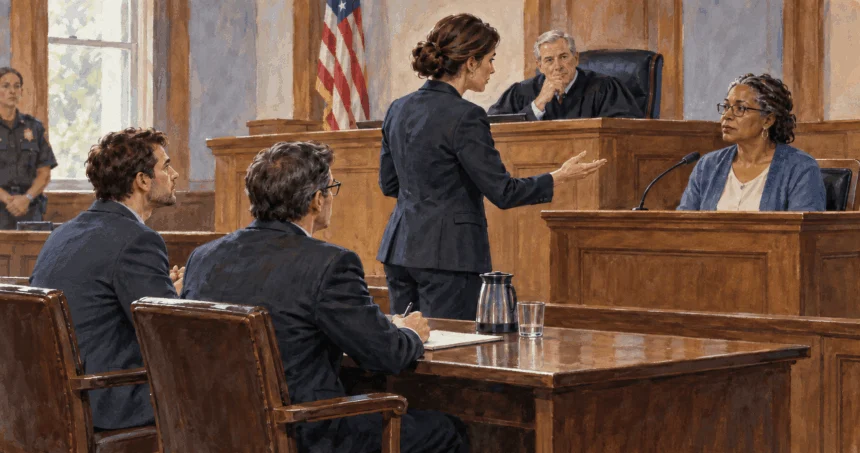 Conceptual painting of defense counsel questioning a witness in a criminal courtroom.