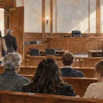 Conceptual painting of people entering the public gallery of a courtroom before proceedings.