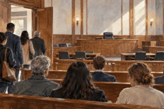 Conceptual painting of people entering the public gallery of a courtroom before proceedings.