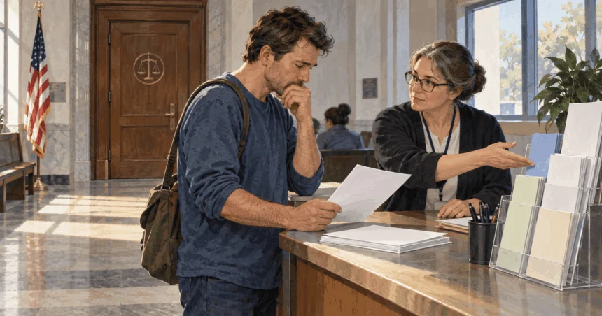 Conceptual painting of a self-represented person reviewing forms with a courthouse clerk.
