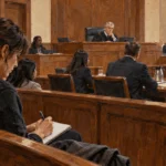 Conceptual painting of a reporter observing a courtroom from the public gallery.