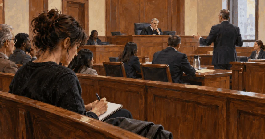 Conceptual painting of a reporter observing a courtroom from the public gallery.