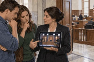 Conceptual painting of visitors comparing a TV courtroom set with a real county courtroom.