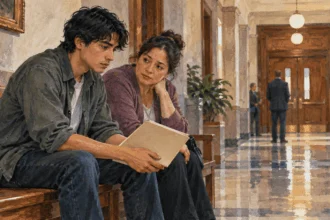 Conceptual painting of a person and companion waiting with a closed folder in a courthouse corridor.