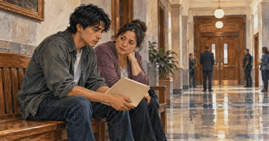 Conceptual painting of a person and companion waiting with a closed folder in a courthouse corridor.