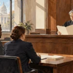 Painted judge reviewing a file with a defendant and lawyer present in a courtroom.