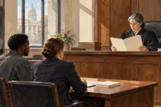 Painted judge reviewing a file with a defendant and lawyer present in a courtroom.