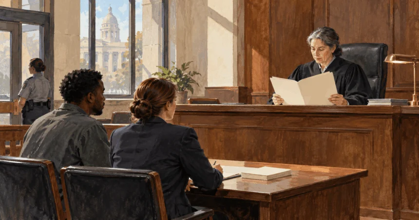 Painted judge reviewing a file with a defendant and lawyer present in a courtroom.
