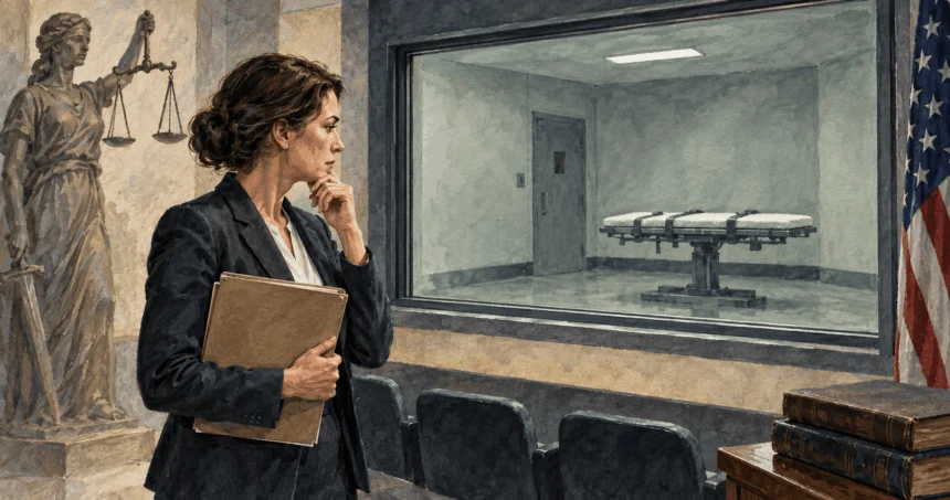 Lawyer reviewing a death-penalty case outside an empty execution chamber.
