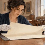 Painted illustration of a researcher studying a blank archival sheet beside a bound volume.