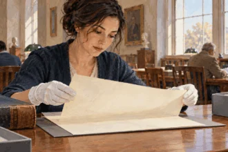 Painted illustration of a researcher studying a blank archival sheet beside a bound volume.