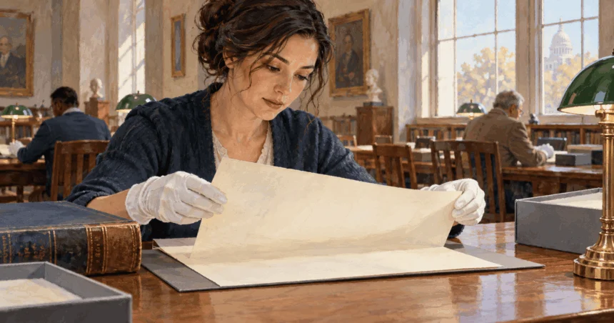 Painted illustration of a researcher studying a blank archival sheet beside a bound volume.
