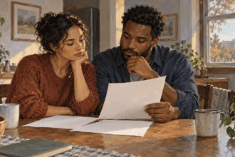 Conceptual painting of two adults considering blank legal papers together.