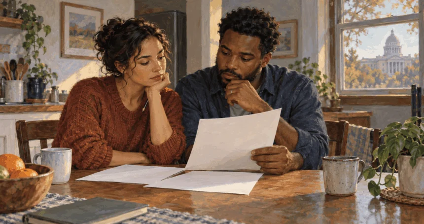 Conceptual painting of two adults considering blank legal papers together.
